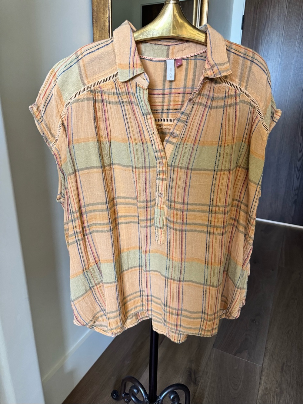 Pilcro Peach Plaid Short-Sleeve Button Popover Top